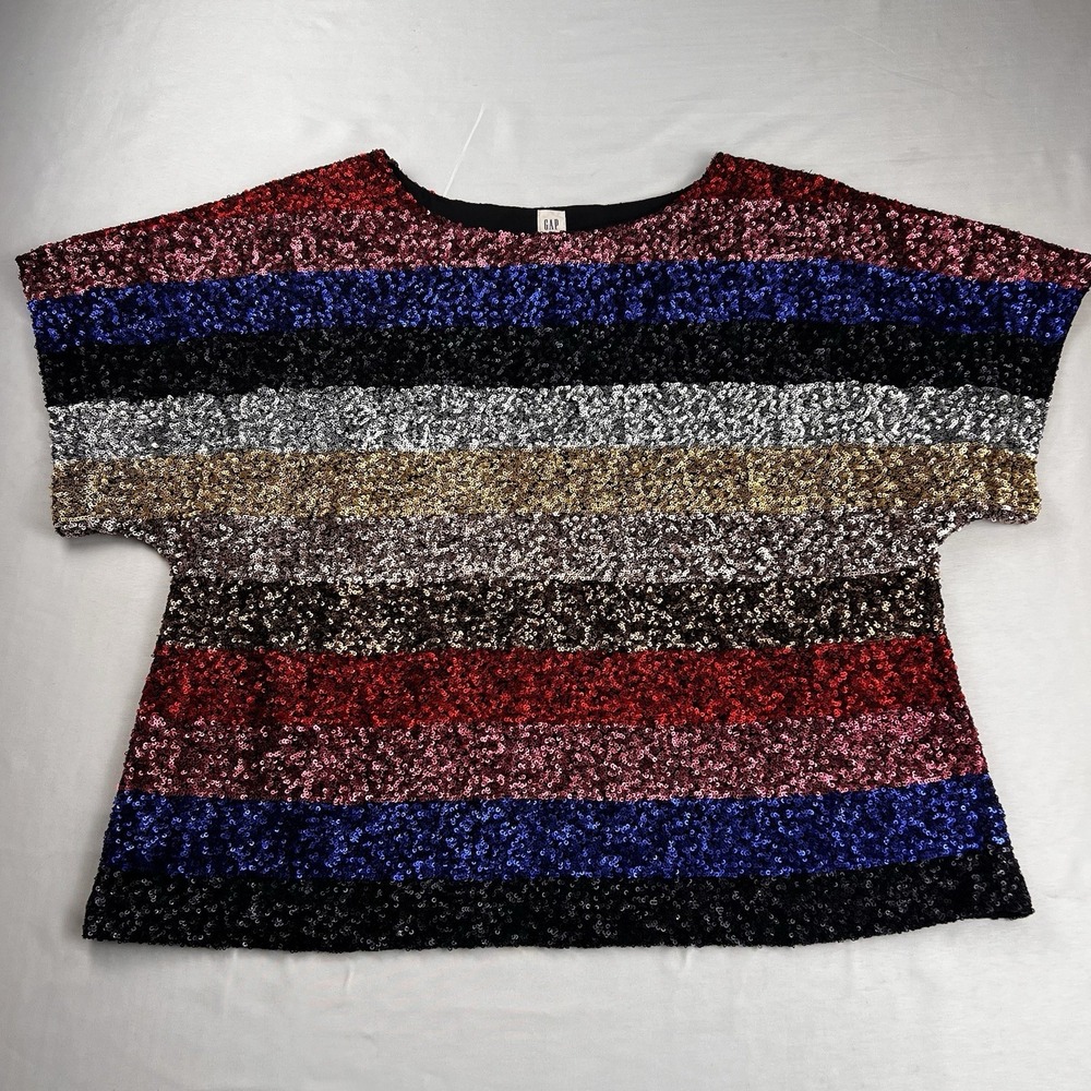 GAP Sequin Striped Top Boxy Cropped Short Sleeve Multicolor Glam Party S/M Women